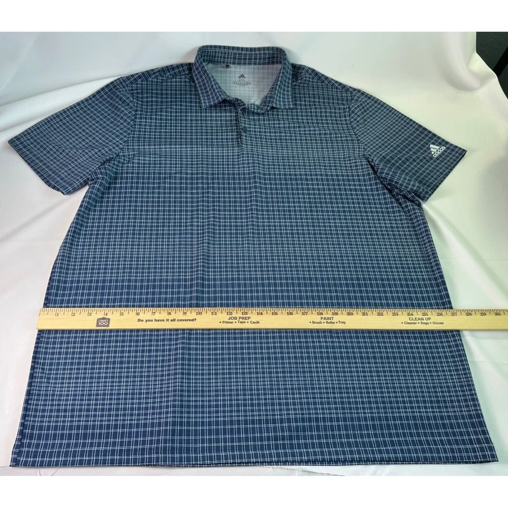 Adidas Golf Polo Shirt Primegreen Plaid‎ Short Sleeve Blue 2XL Mens